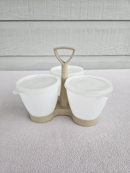 Tupperware Other - VTG Tupperware Condiment Caddy With Holder 3 Containers Lids Almond Clear